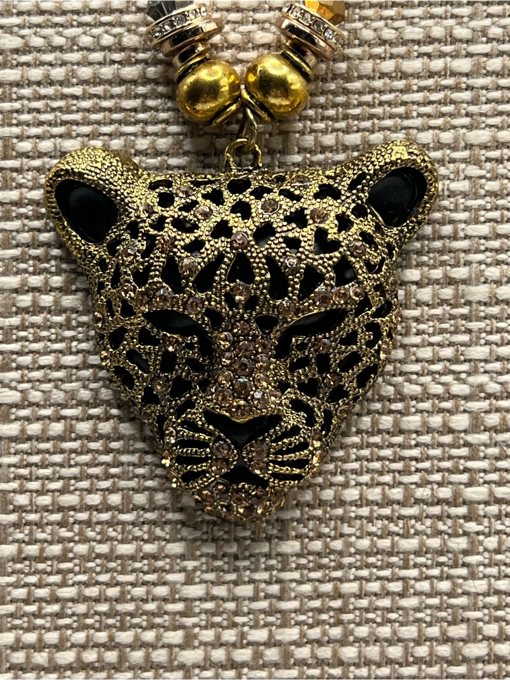 Gold Leopard Head Pendant Necklace with Black /Gold Accents